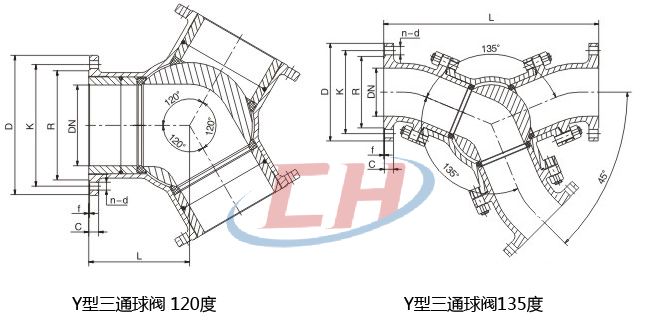 135度三通Y型球閥結構圖